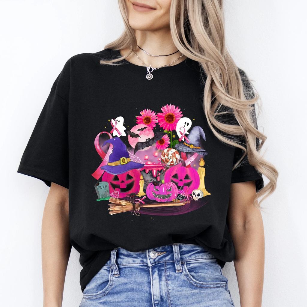 Breast cancer Halloween Unisex T-Shirt Pink ribbon cancer awareness spooky tee B