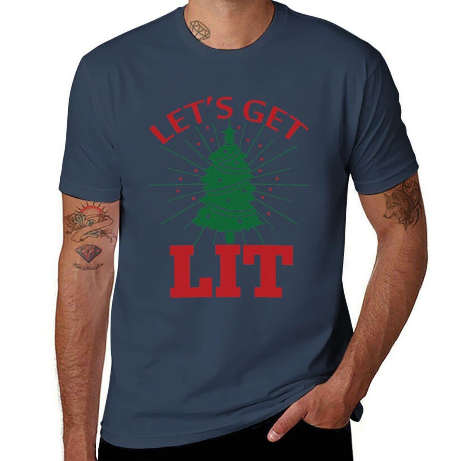 Lets Get LIT Funny Christmas Tree Shirt TShirt Fitness Quick Dry Short Sleeve Top S