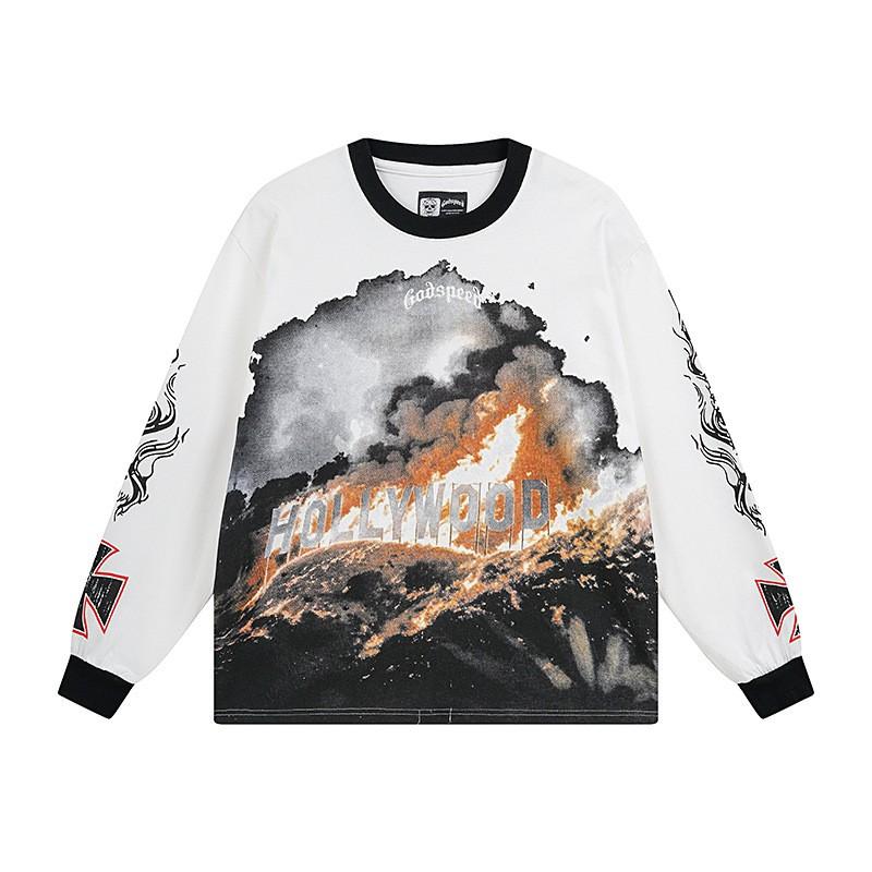 Mens Oversized Cotton Long Sleeve Tee With Skull Graphic Print Streetwear Rock Band Style Loose Fit Teens Adults