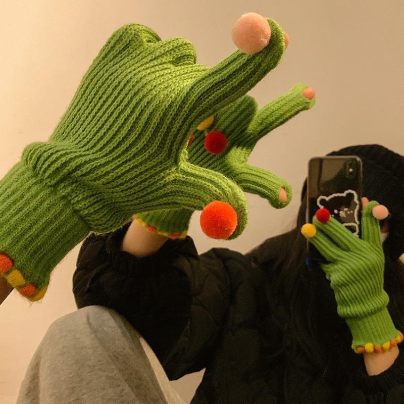 Colorful Ball Gloves for Women in Winter Cute Small Ball Touch Screen Exposed Fingers for Warmth Five Fingers for Cycling Warmth