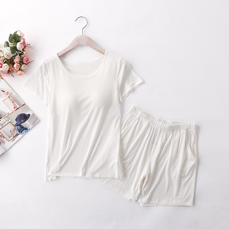 Women's Modal Chest Pad Short Sleeve Pajama Set - Summer Five-Point Shorts