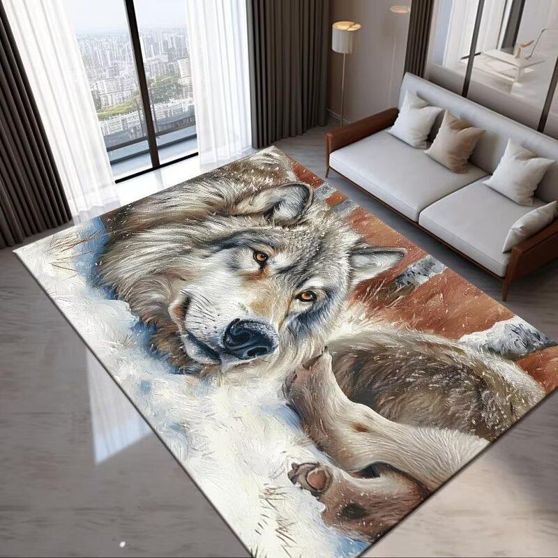 Braunbär und Wolf Wildtiermuster Teppich Weich und Rutschfest für Wohnzimmer Couchtisch Stuhl und Tischmatte