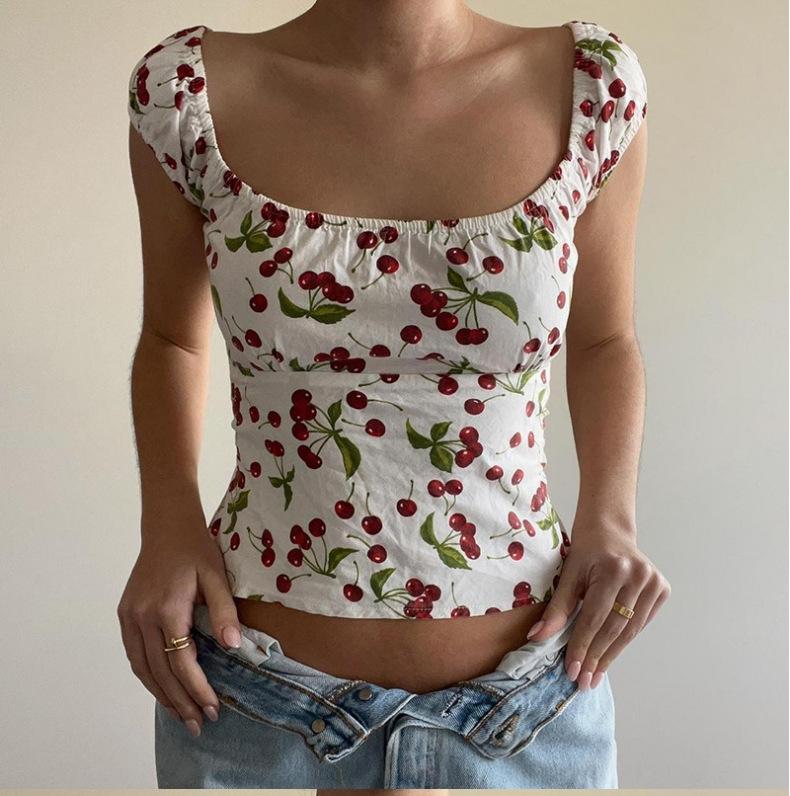 Women S Retro Fitted Cropped Cherry Print Sleeveless T Shirt S