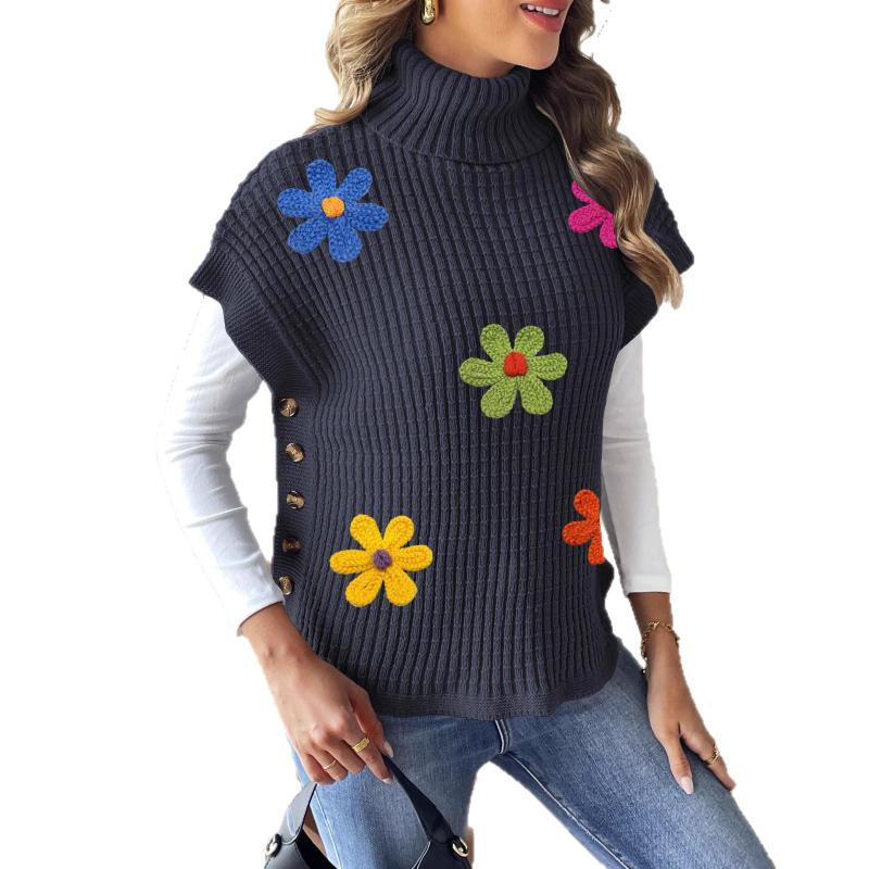Women's Spring Autumn New High Collar Casual Pullover Sweater Vest Button Decorative Top