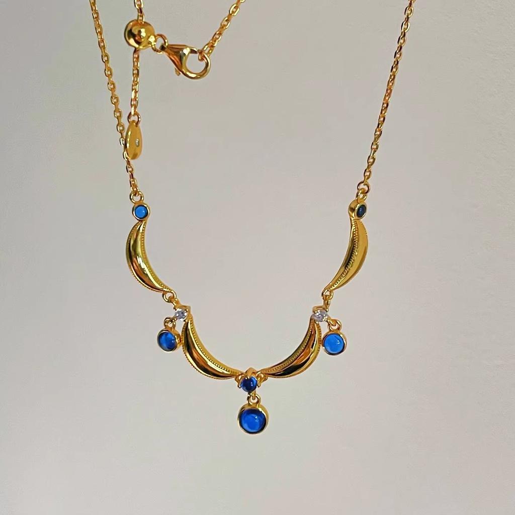 Anenjery Lace Blue Water Droplet Tassel Necklace For Women Retro Sweet High-end Personalized Versatile Collarbone Chain Jewelry Gift
