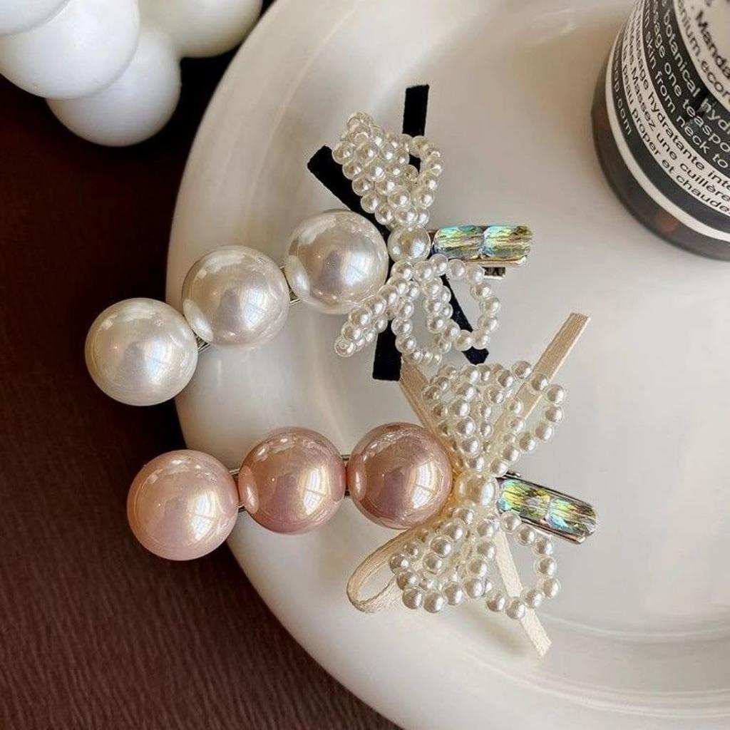 Pearl Bow Hair Clip, Duckbill Clip, Forest-Style Hair Clip for Forehead, Side Clip, Exquisite Curved Bangs Clip