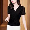 Summer New Style Cross V-neck Solid Color Mesh Bright Pink Slim Fit Short-sleeved Top for Women