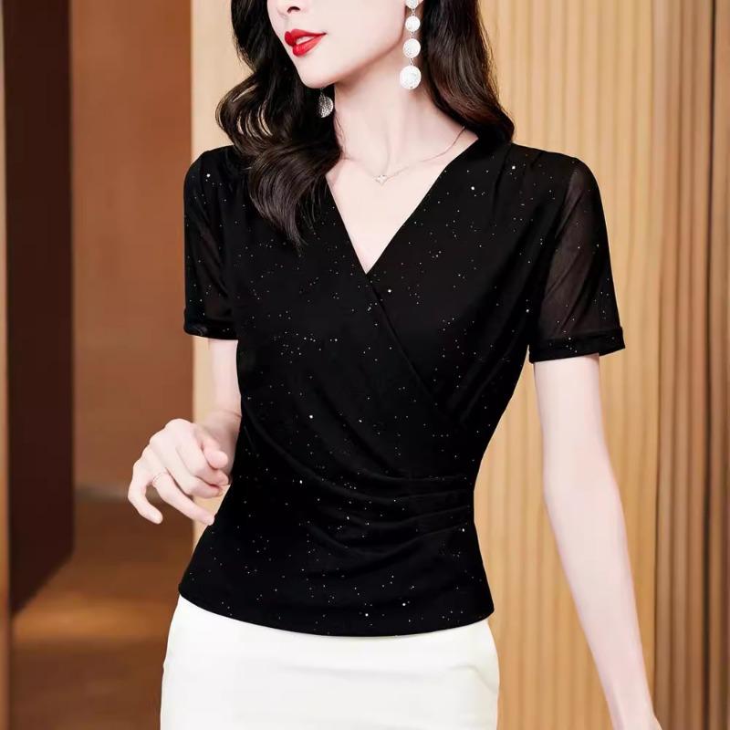 Summer New Style Cross V-neck Solid Color Mesh Bright Pink Slim Fit Short-sleeved Top for Women