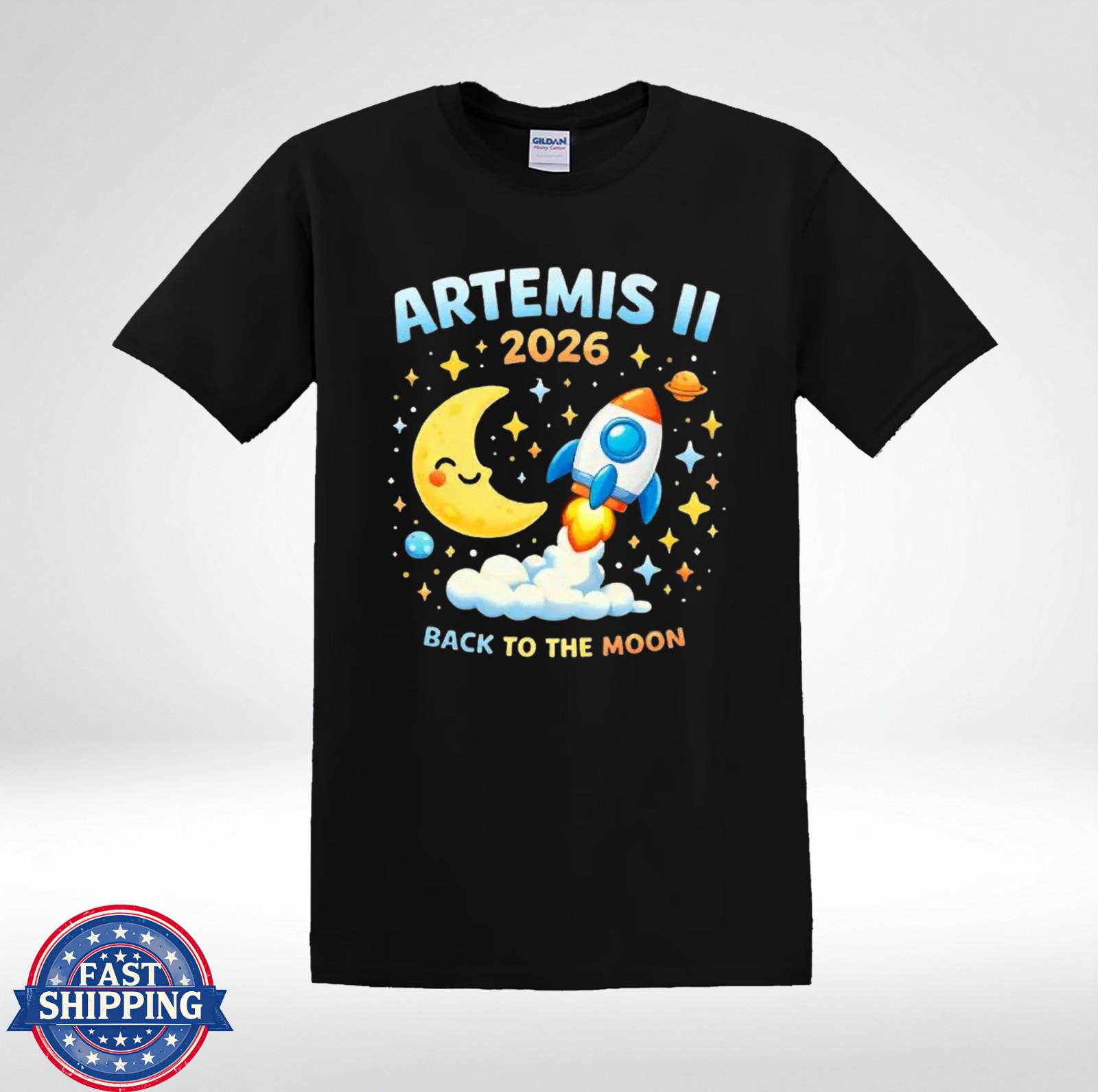 Artemis II 2026 Cute Rocket Moon Cartoon Space Graphic Kids T-Shirt XXXL