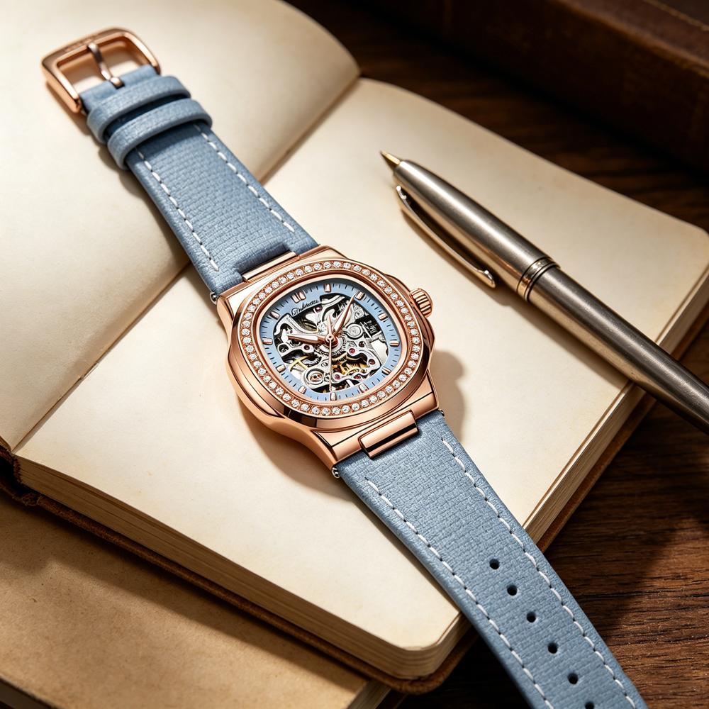 Ladies Automatic Watch Skeleton Mechanical Sky Blue Strap Fashion Diamond Crystal Evening Banquet Dress Watches for Women