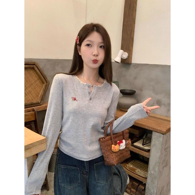 Autumn Winter Women's Clothing Korean Version Sweet Lace Patchwork Button Design Fake Two-piece T-shirt Long Sleeved Base Top T-Shirts Women’s