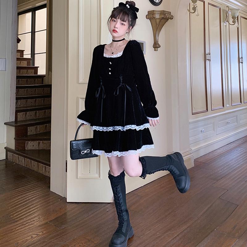 Zimní krajka Lolita Šaty Party Kawaii Oblečení Neformální Černý Samet Y2k Mini Šaty Gotické Černé Sametové Jednodílné šaty Korea