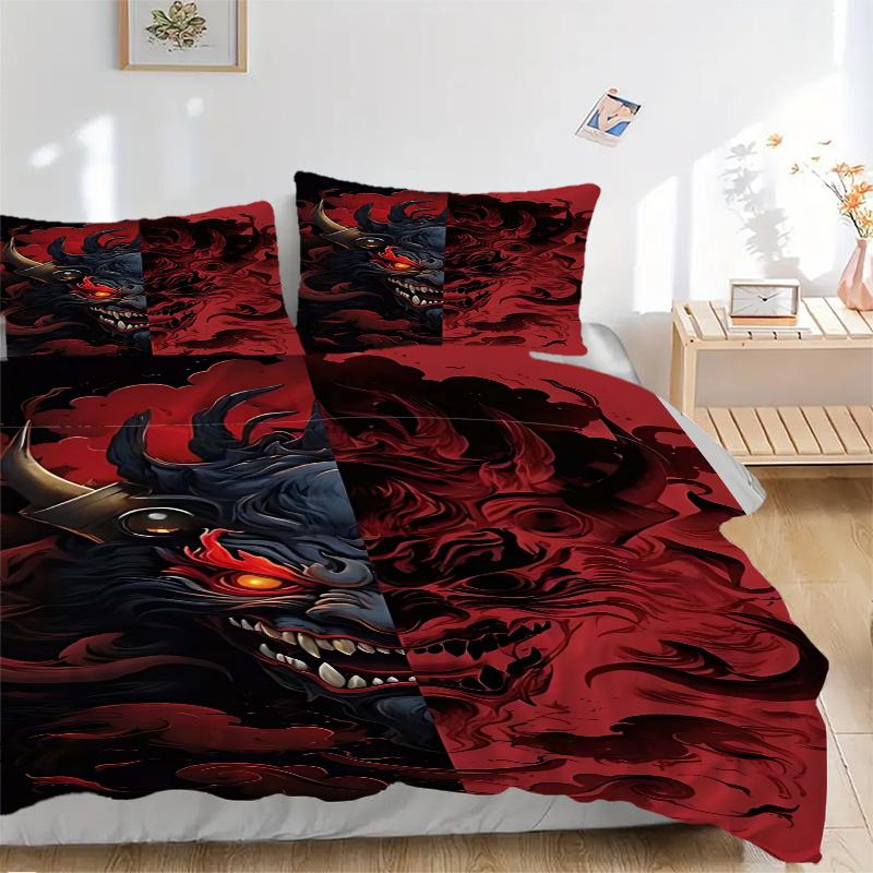 3pcs Anime Demon Mask Comforter Set with 1 Quilt Cover and 2 Pillowcases (No Core) - Home Decor, Festival Gift, Polyester Fabric, Anime Cartoon Design