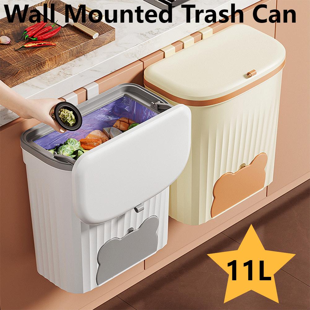 11L/3gal Wall Mounted Hanging Waste Bin with Lid Cabinet Door Trash Can Household Food Garbage Bin for Counter Top Or Under Sink