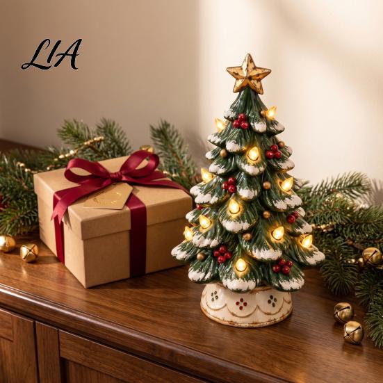 DIY Craft Art Ornament Lighted Christmas Tree Tabletop Decor, Resin LED Artificial Xmas Exquisite Holiday Party with Warm Glow, USB Powered
