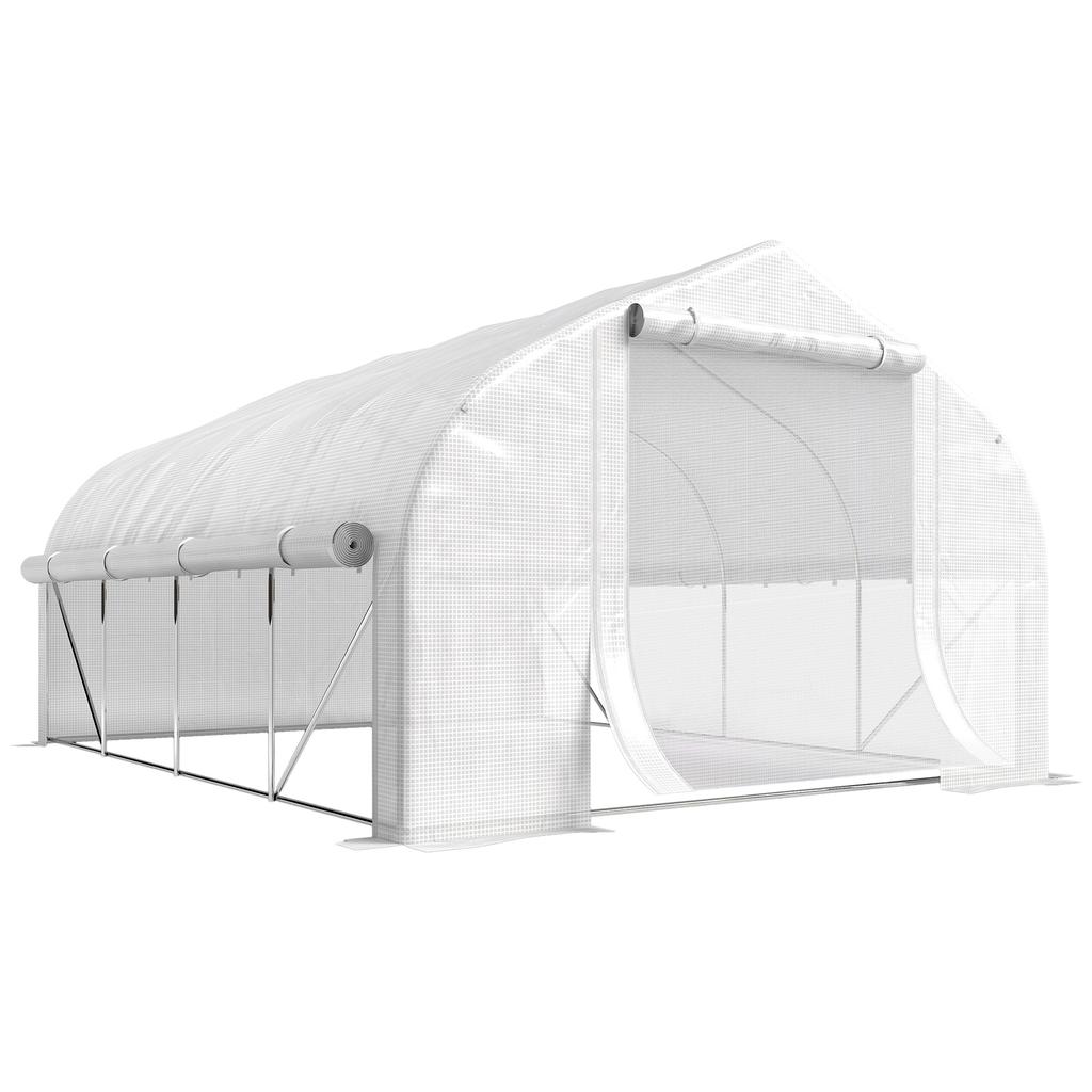 4X3m Tunnel Greenhouse with PE Cover. Door and 8 Roller Windows. White