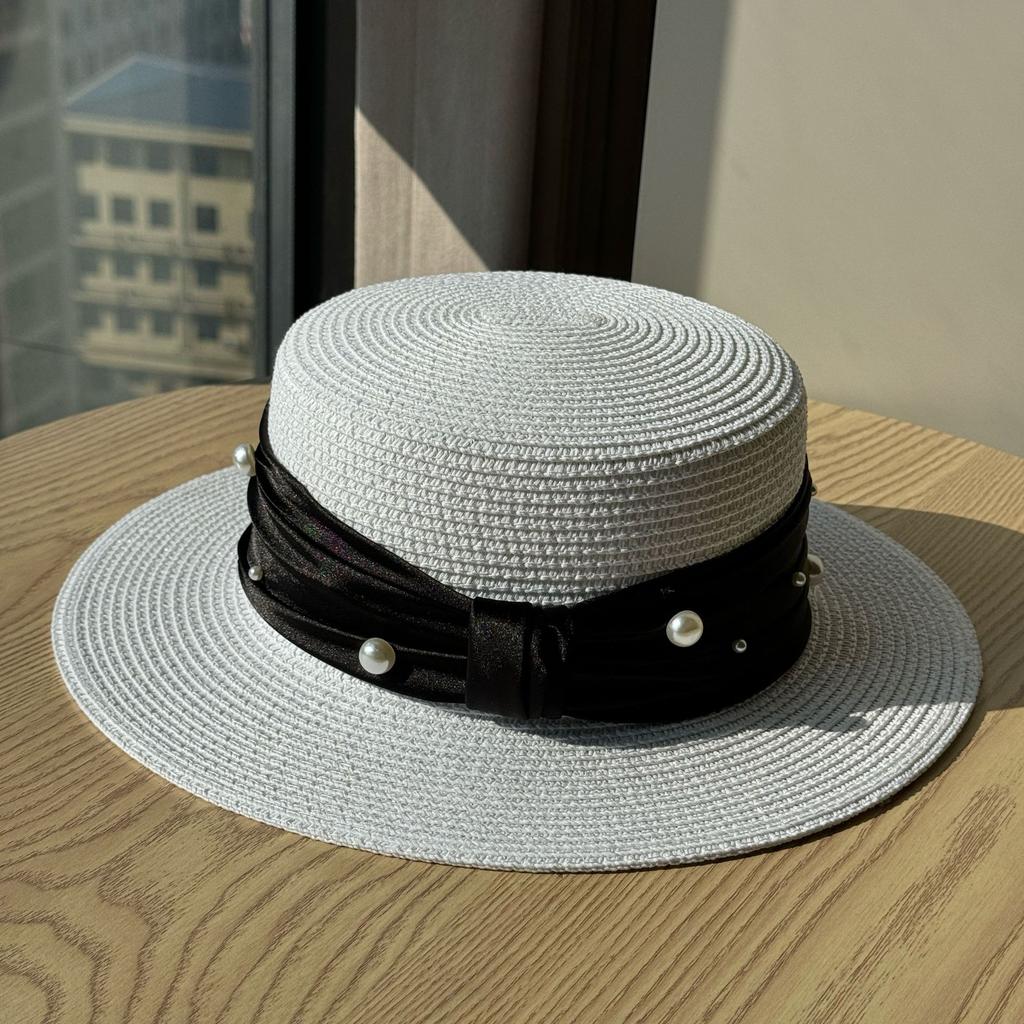 Retro French Pearl Flat Top Top Hat Women's Spring and Summer Travel Sunscreen Sunshade Straw Hat