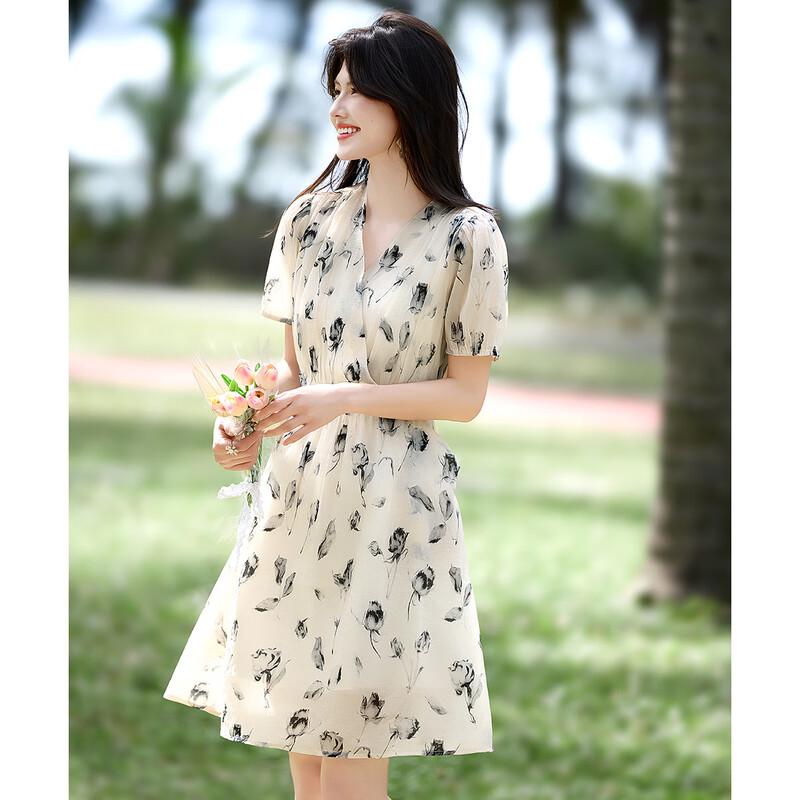 Shangjing French V-Neck Printed Summer Dress