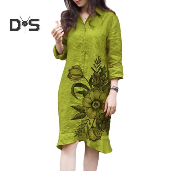 

Женское весеннее платье с отворотом, однобортное, с цветочным принтом, неровным оборчатым подолом, свободными пуговицами, мягким длинным рукавом, длиной до колена, платье-рубашка для поездок на работу 2XL жёлтый/зелёный