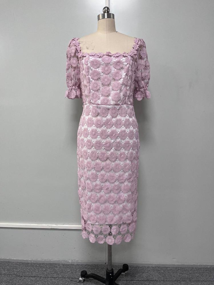 2024 Mellomhøy midje Blonder Temperament Midi Skjørt Kjole Brystinnpakning Trefarget