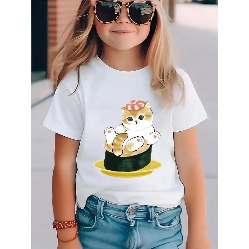 European sizes Adorable Cat Print T-Shirts with Fun Designs for Girls, Featuring Cute Cartoon Styles. Perfect for Children, Short-Sleeve Top