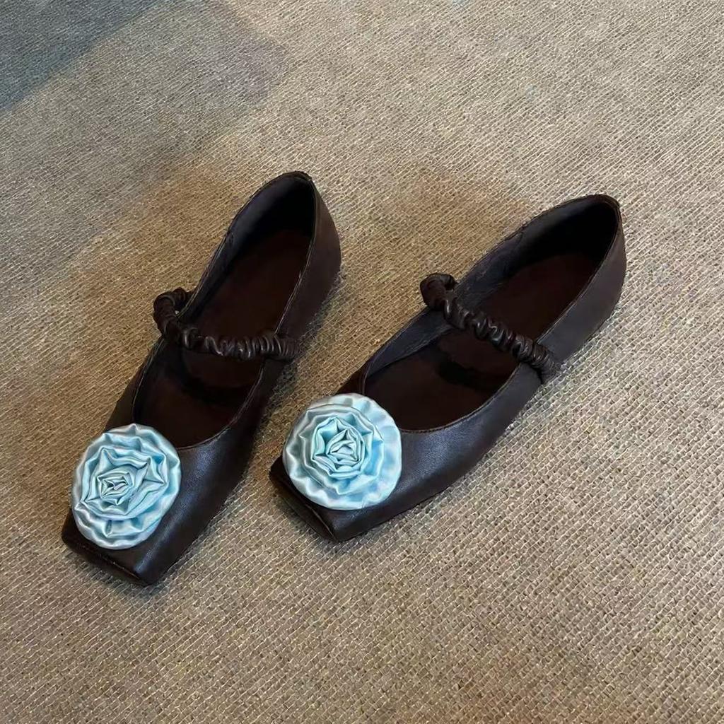 2026 New Spring Genuine Leather French Retro Flower Mary Jane Shoes Super Cute Flat Black Women's Shoes