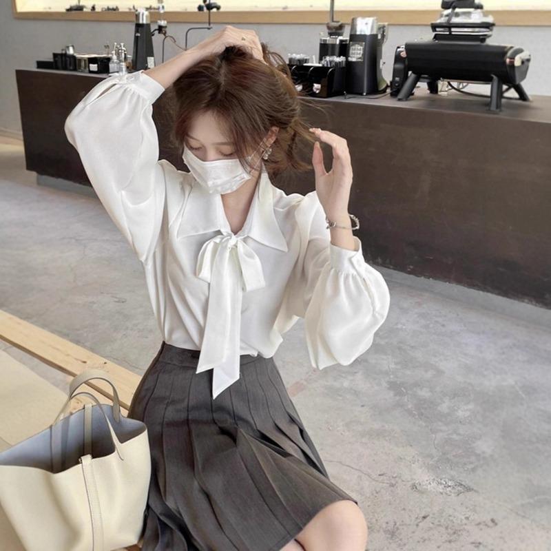 French Design Women White Bow Lace Up Long Sleeve Casual Commuting Shirt