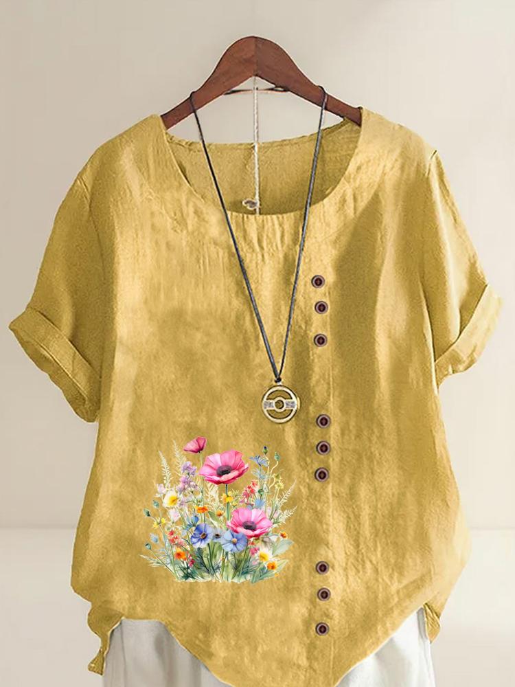 Women's Fashion Flower Bed Printing Round Neck Short Sleeve T-shirt Casual Cotton Linen Graphic Shirt Leisure Loose Summer Blouse Tops