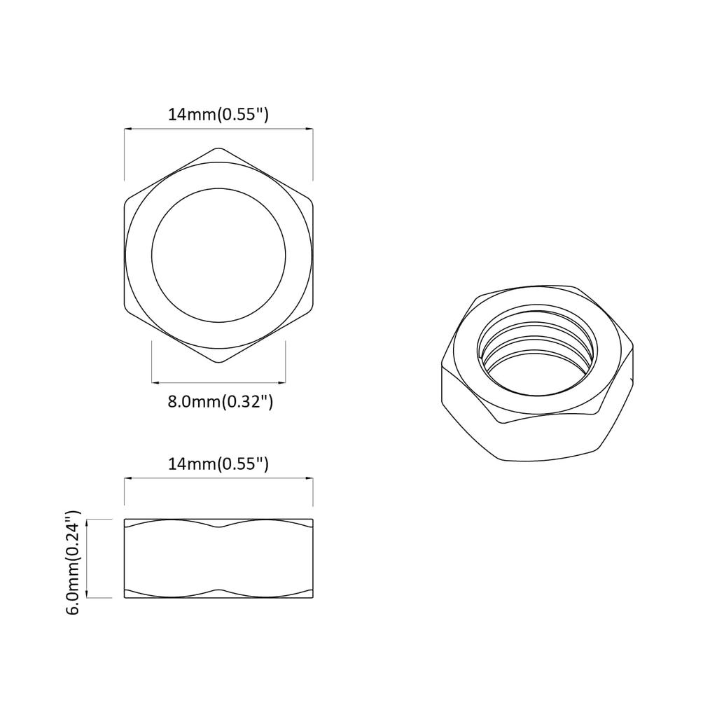 Hex Nut 12 Pcs Silver M8 Metal