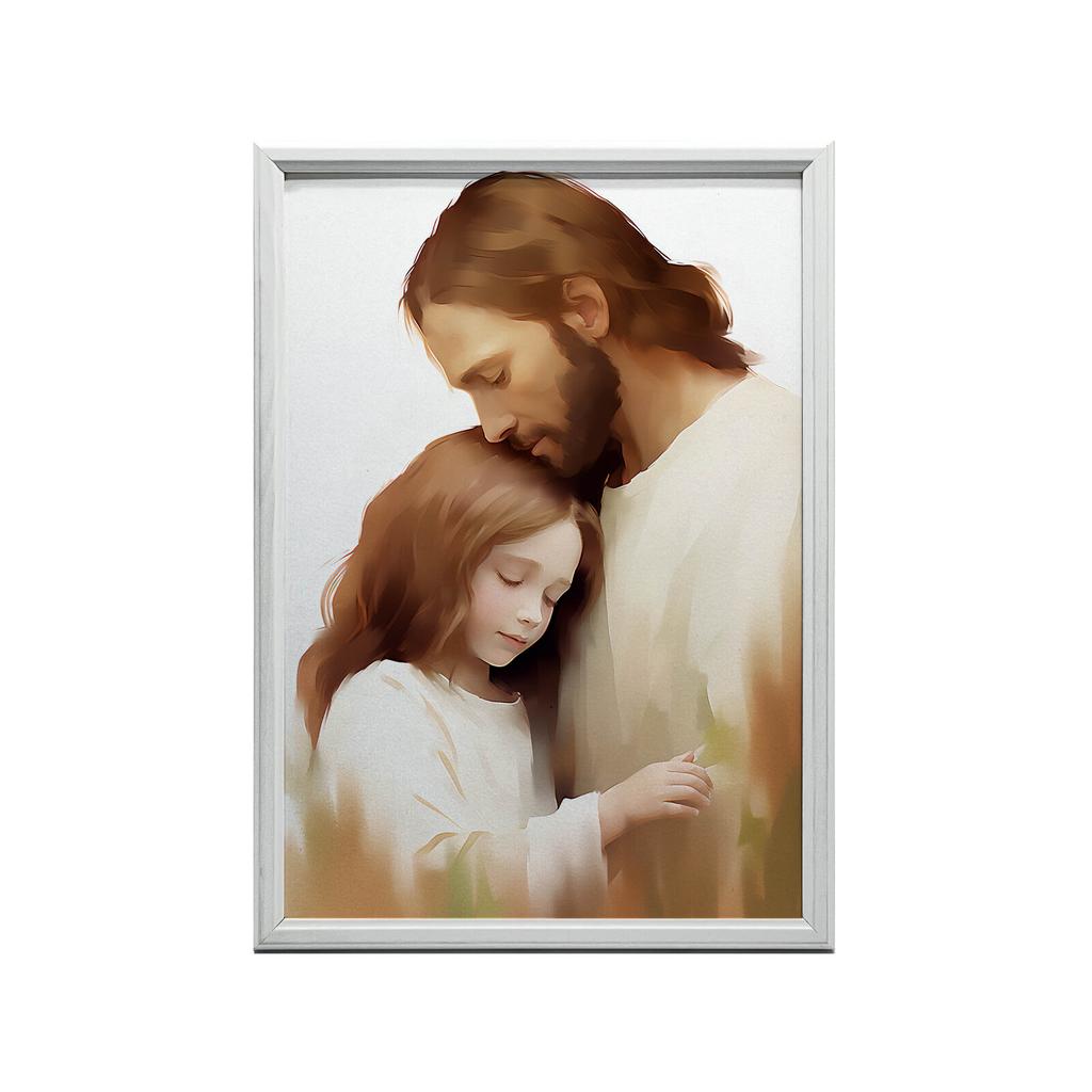 Kärleksfull Omfamning - Jesus Och Flicka Kärleksfull Omfamning - Jesus Och Flicka, 30X40 Cm, Guld Aluminiumram, Matt Papper 230 Gsm