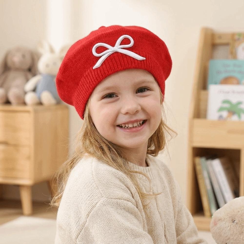 Soft Children Knitted Beret Warm Beanie Cap Stylish Bow Embroidery Painter Hat Infant Toddler