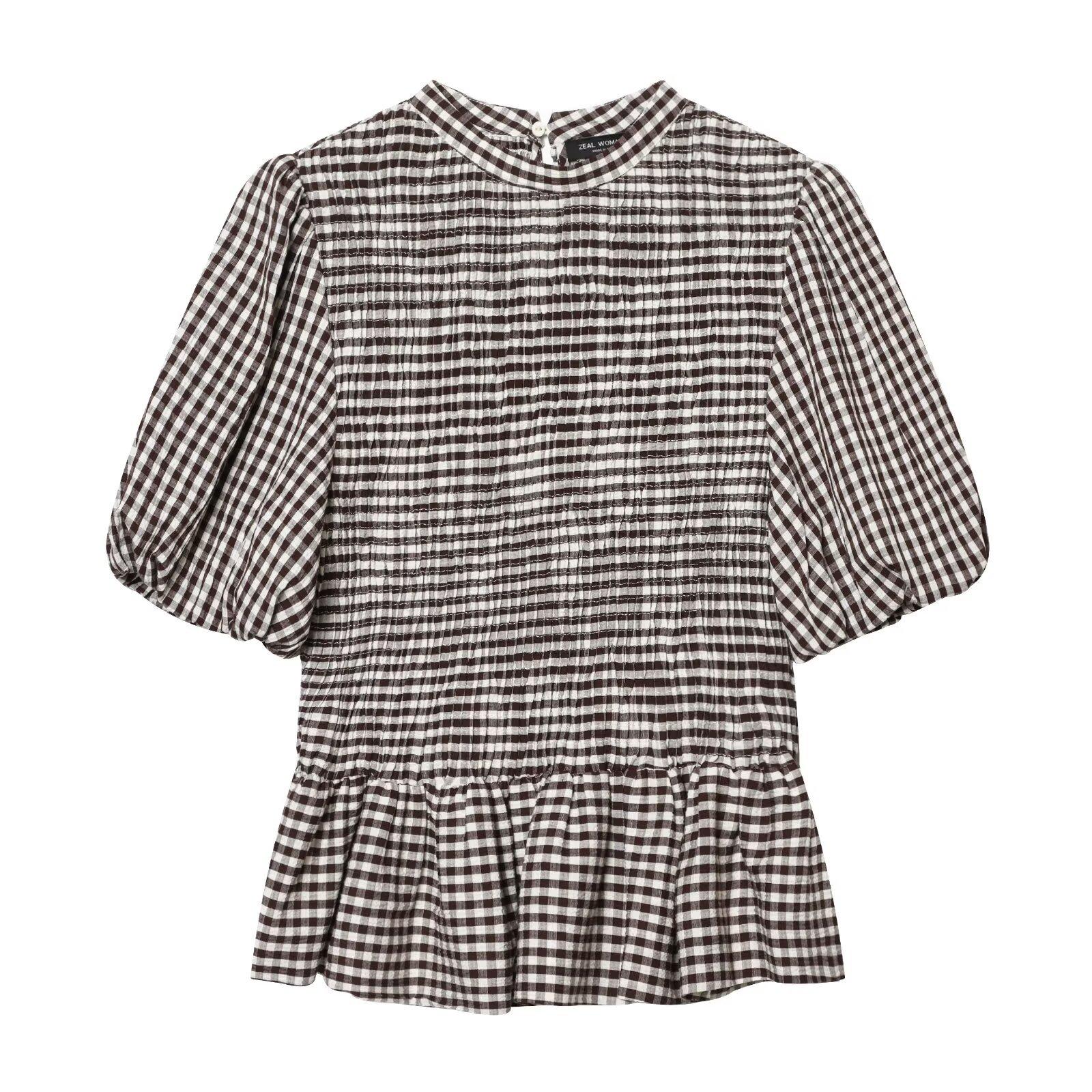 European and American women s new plaid puff puff sleeve short-sleeve shirt, women s summer French vintage elegant commuter top S