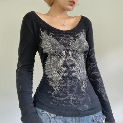 Y2k  Graphic Long Sleeve Tees Tops Women Autumn Aesthetic Gothic Floral Print Baggy T-Shirts Emo Clothes