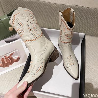 Neue Marke, bestickte Western-Cowboystiefel für Damen, quadratische, mittlere Absätze, spitze Zehenpartie, hochwertige kniehohe Stiefel für Damen