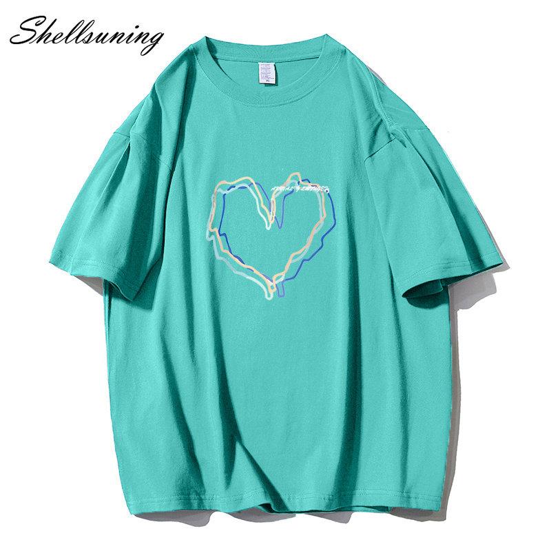 Shellsuning Loose O Neck Cotton Printed Shirts Women Summer Kawaii Heart Graphic Tees Female Casual Short Sleeve Base Black Tops