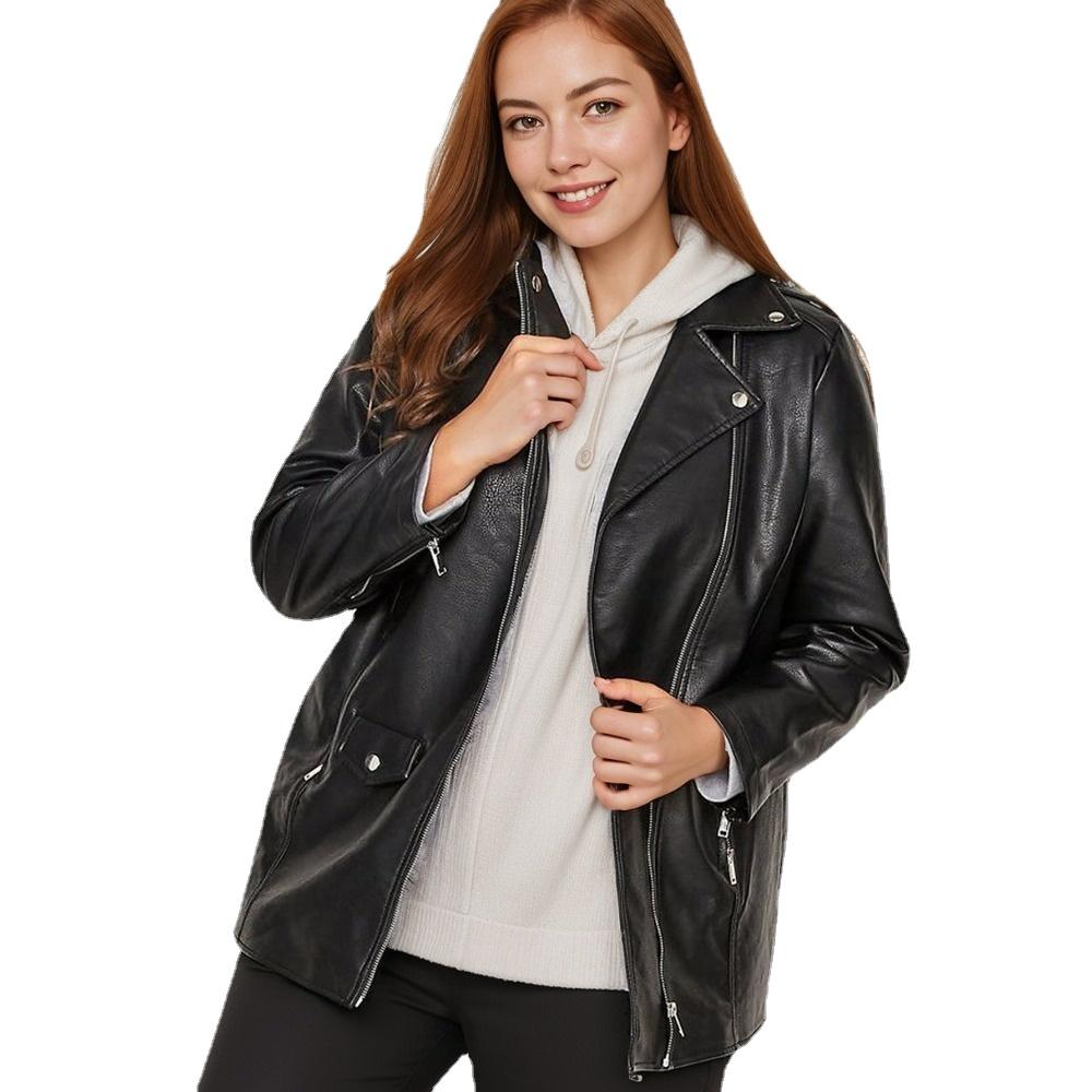 VANGULL Brand Women Spring Autumn Lapel Collar Oversized Leather Jacket