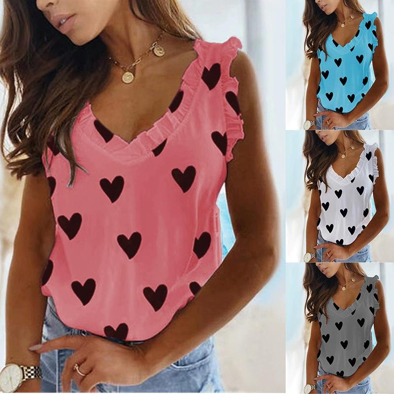 Women's Fashion Summer Casual Clothes V-neck Sleeveless Tops Printed Off Shoulder Camisoles T-shirt Loose Ladies Blouses