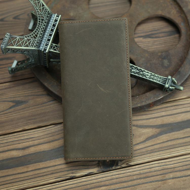 Vintage Crazy Horse Leder Herren Bifold Geldbörse - Echtes Vollnarben-Rindsleder Lange Geldbörse mit Geldklammer