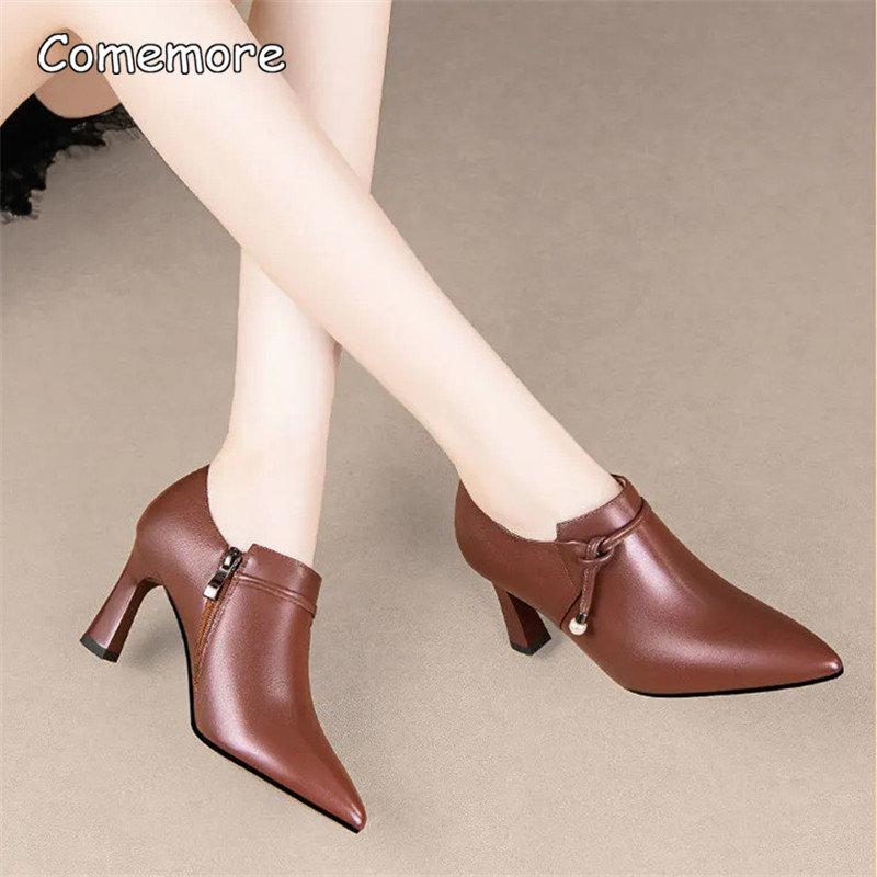 

popular Comemore Women popular High Quality Zipper Short Ankle Women s Spring Boots Lady Brown Black Boot Autumn Shoes Leather Pumps 40