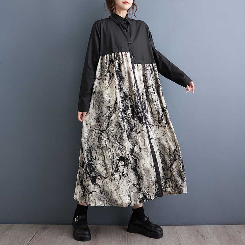Spring and Autumn Women's Dress Loose Plus Size Literary Print Irregular Splicing Shirt Dress Fashion Dresses