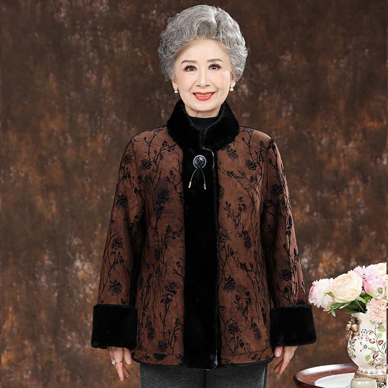 

Grandmother s Reversible Winter Coat: Lambskin & Faux Mink Fur Collar for Elderly 4XL (135-150 lbs) колір темно кави