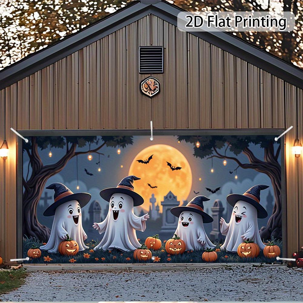 One Large Halloween Garage Door Decoration Banner - Featuring Cute Ghosts Pumpkins Full Moons Bats and Cemetery scenes.PMJ