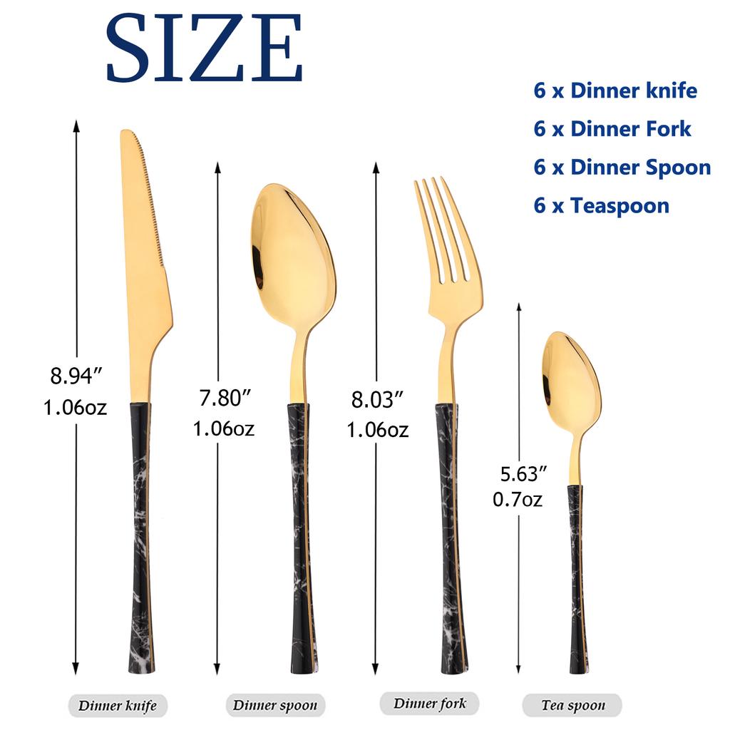 24 ks Příborů s dřevěnou rukojetí Domácí kuchyňská sada nádobí Nůž Vidlička Lžíce Čajová lžička Imitace mramoru Zrcadlová nerezová ocel Služba pro 6 osob