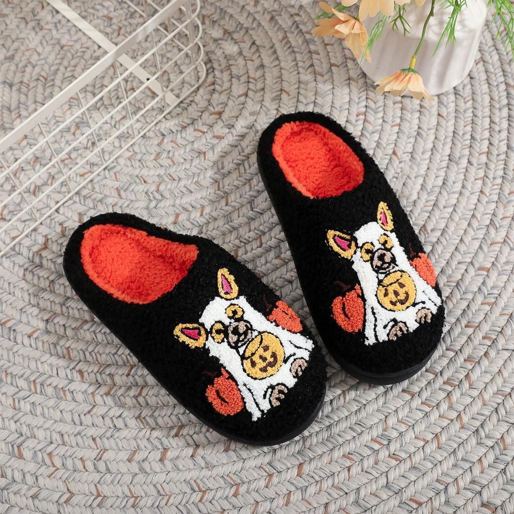 Women's Dog Halloween Pumpkin Cotton Slippers for Winter Indoor Wear