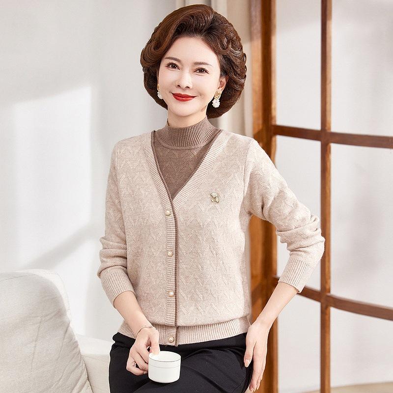 Elegant Plus Velvet Thickened Sweater: Warm Two-Piece Base Layer for Middle-Aged & Elderly Women