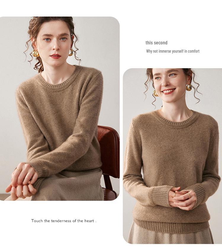 Women's Light Luxury Solid Color Hollow-Out Round Neck Cashmere Knit Base Layer for Fall/Winter