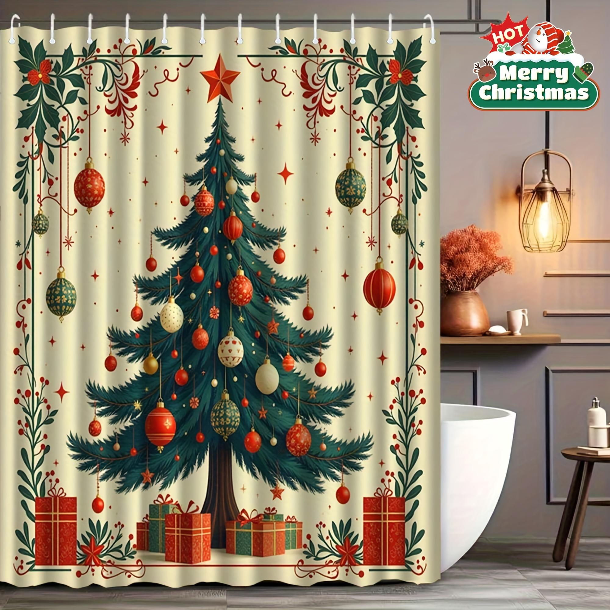 

1 шт. Рождественская шторка для душа с крючками - Праздничный красно-зеленый дизайн, Прочный полиэстер, Можно стирать в машине, Идеальная 90x180cm35x71in