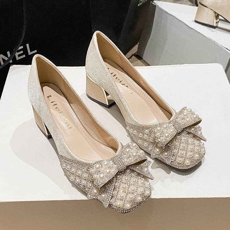 Fashion Shoes for Women Luxury Pumps 35-43 Spring Casual Party Pearl Bowknot Square High Heels Shoes Girl Rhinestone Dress Shoes