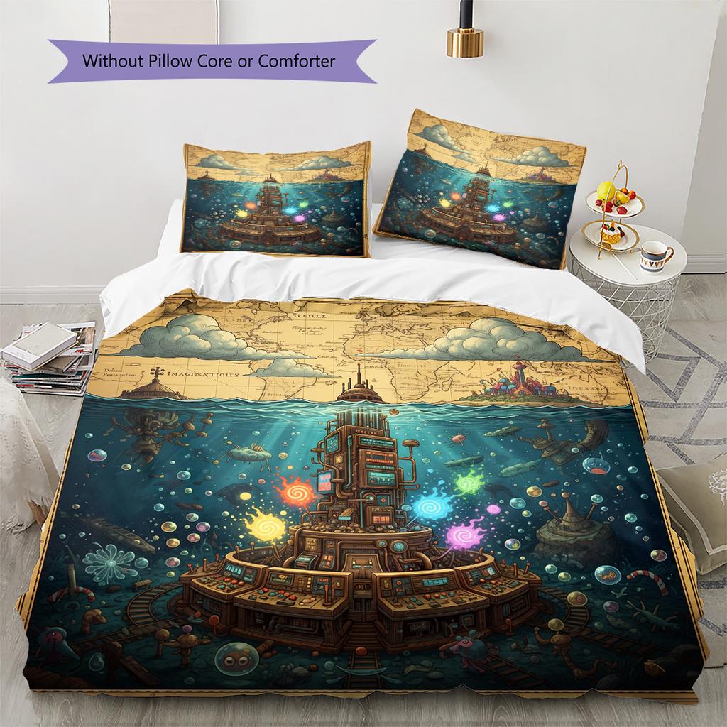 Map Ocean Architecture Pattern Bedding Quilt Set Home Decoration Gift (1 * duvet cover + 2 * pillowcase without core)
