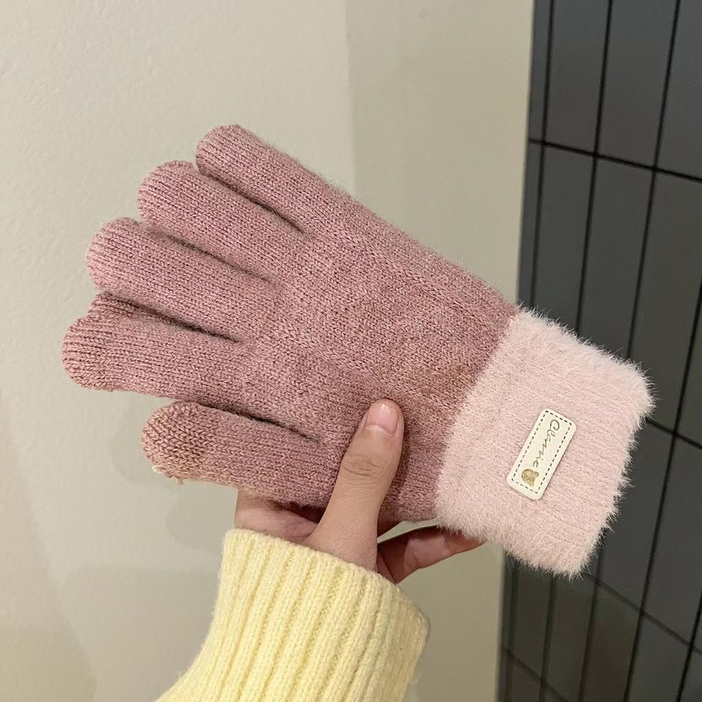 New  Autumn and Winter Gloves Ladies Cycling Rows Warm Finger Solid Color Touch Screen Fleece Thickened Knitted Cute Student
